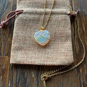 Brand New Wire-Wrapped Opalite Heart with Gold plated Stainless Steel Chain